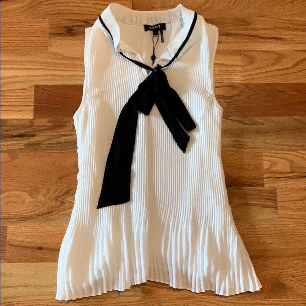 DKNY White Pleated Shirt with Black Bow